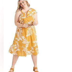 Old Navy Gold Tropical Print Hibiscus Ruffle Midi Dress